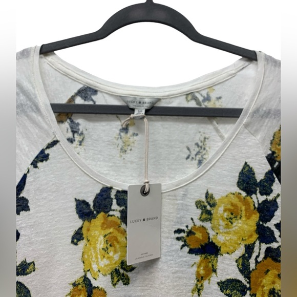 New! Lucky Brand floral short sleeve top blouse, linen blend, ivory, small - Picture 3 of 6
